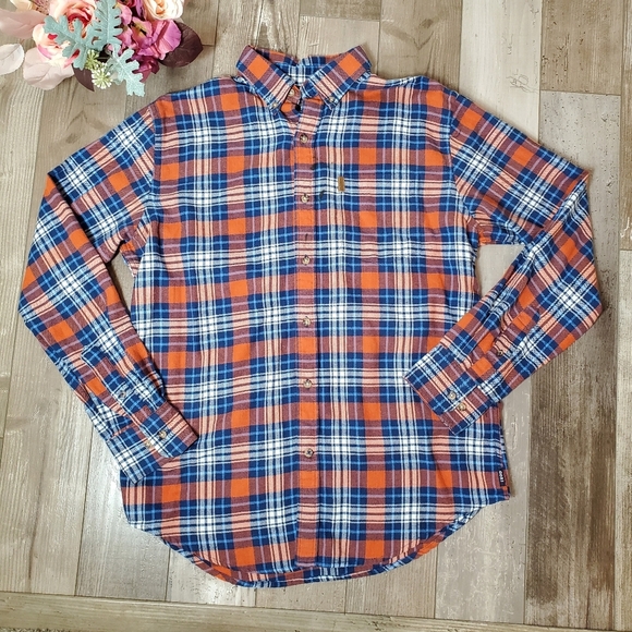 IZOD Men's Blue and Orange Plaid Flannel Button Down Shirt Size Medium GUC - Picture 1 of 14